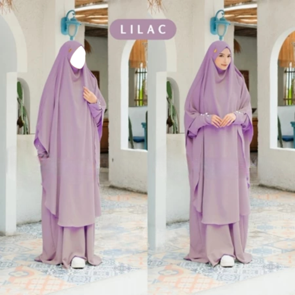 Set Gamis Syari Khimar Warna Lilac Bahan Dingin Lembut Jatuh Anti Kusut Anti UV Lengan Kancing