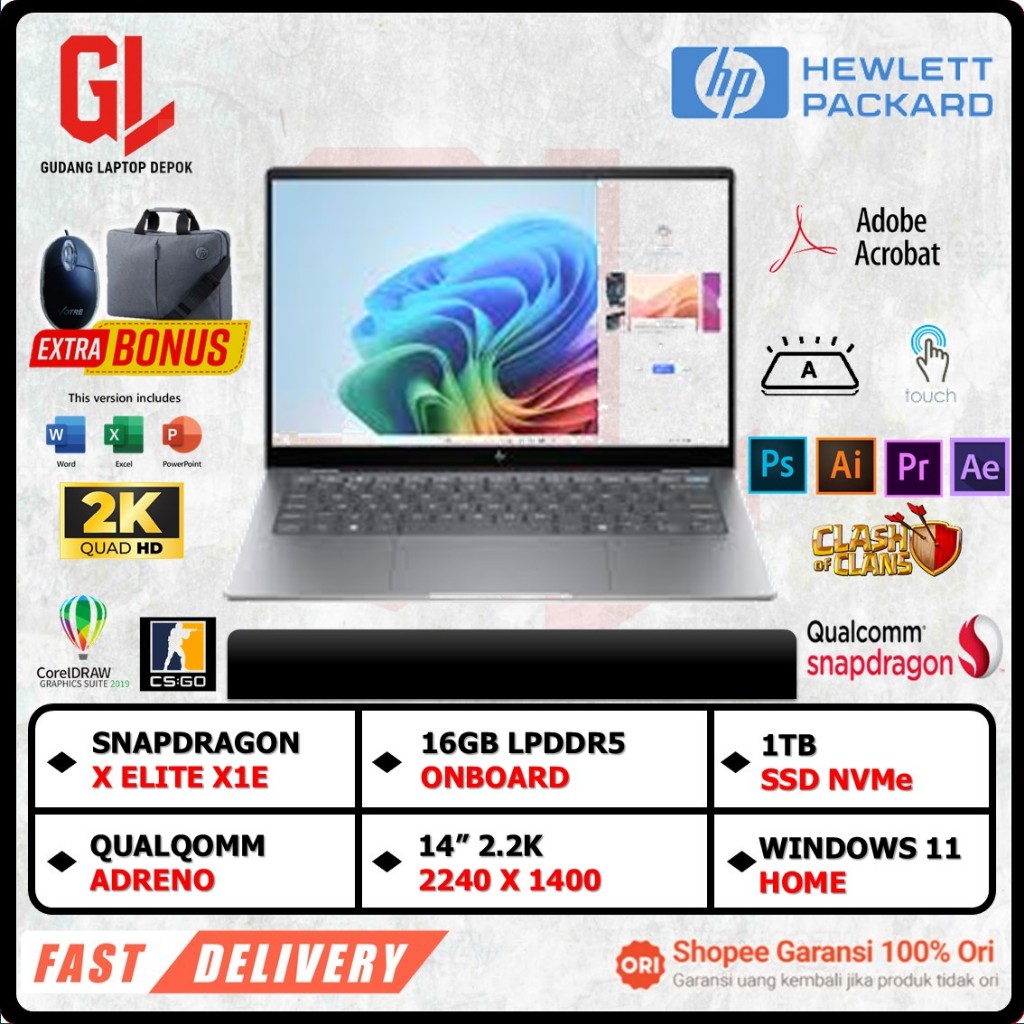 Laptop Ultrabook Hp Omnibook X 14 Snapdragon X Elite X1E78100 16GB 1TB Qualcomm Adreno 14 Inch 2.2K