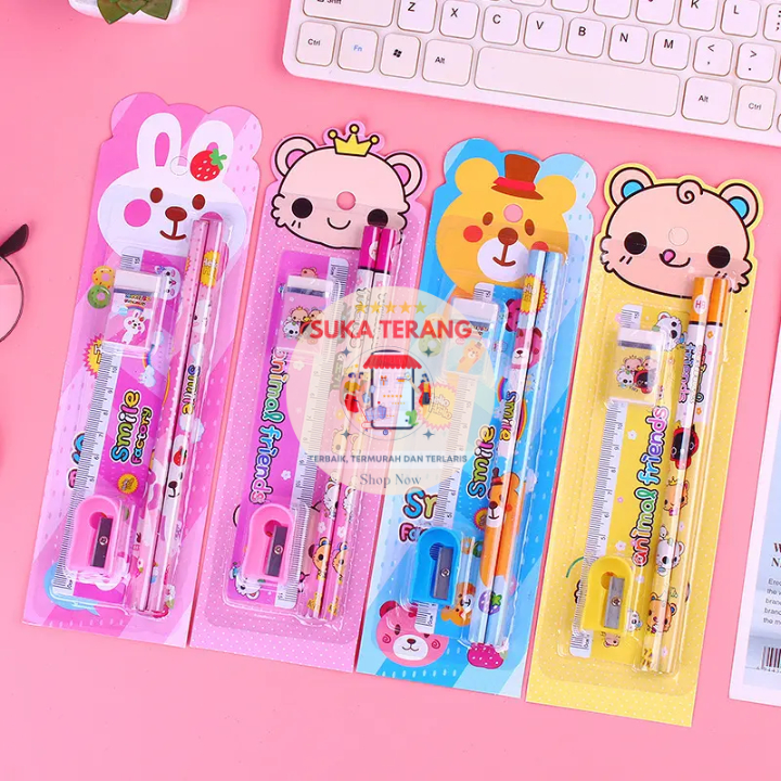 

ST Stationery Set 5 in 1 Alat Tulis Anak Sekolah Penghapus Penggaris Pensil Serutan Karakter Lucu Termurah