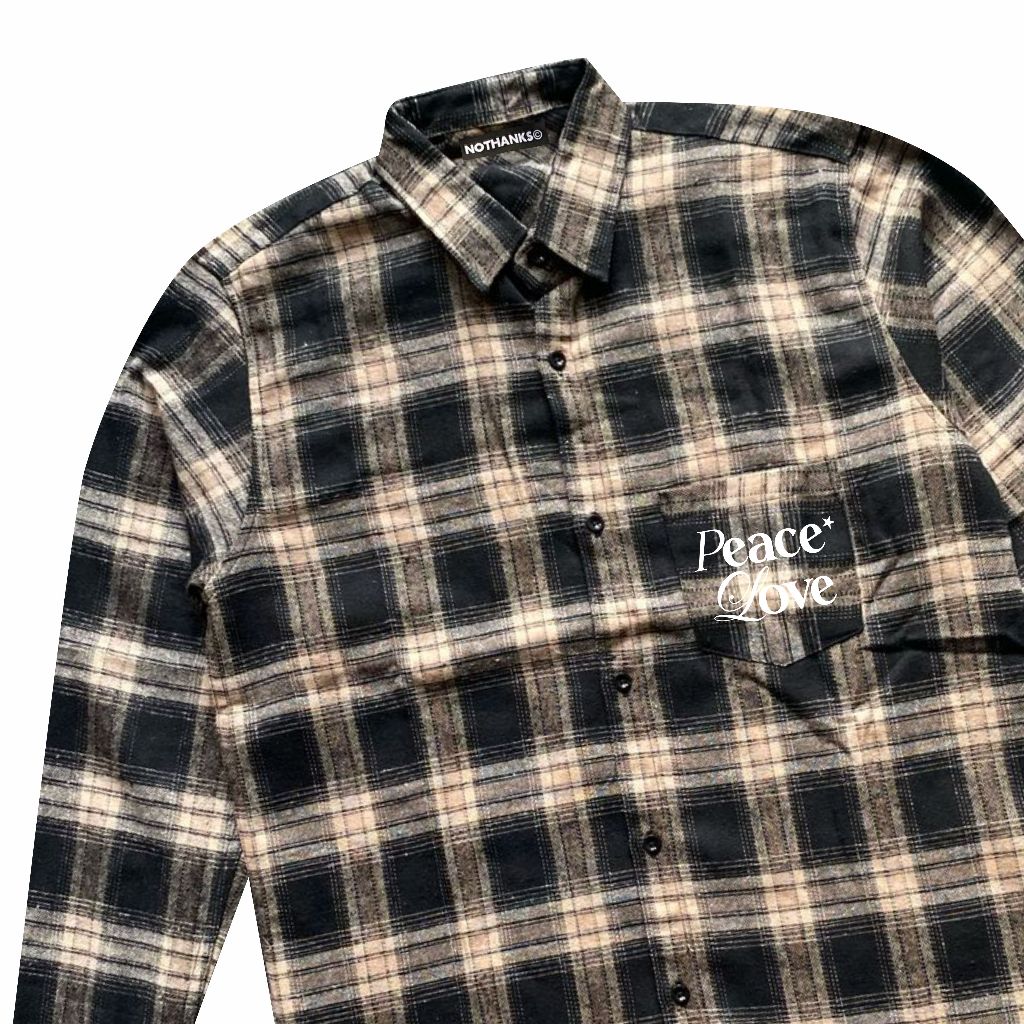 BEST DEALS FLANEL NOTHANKS PEACE LOVE VETERANO BROWN BLACK kemeja pria wanita distro clothing