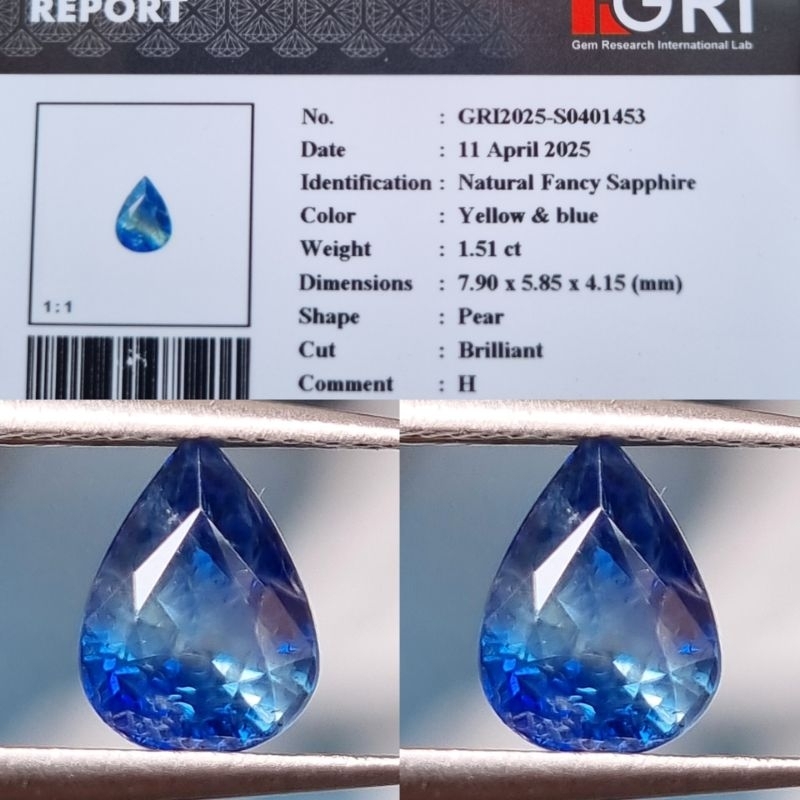 Hot Item Nice Colour Natural Fancy Sapphire Yellow & Blue 1.51 Crt Srilnka GRI lab
