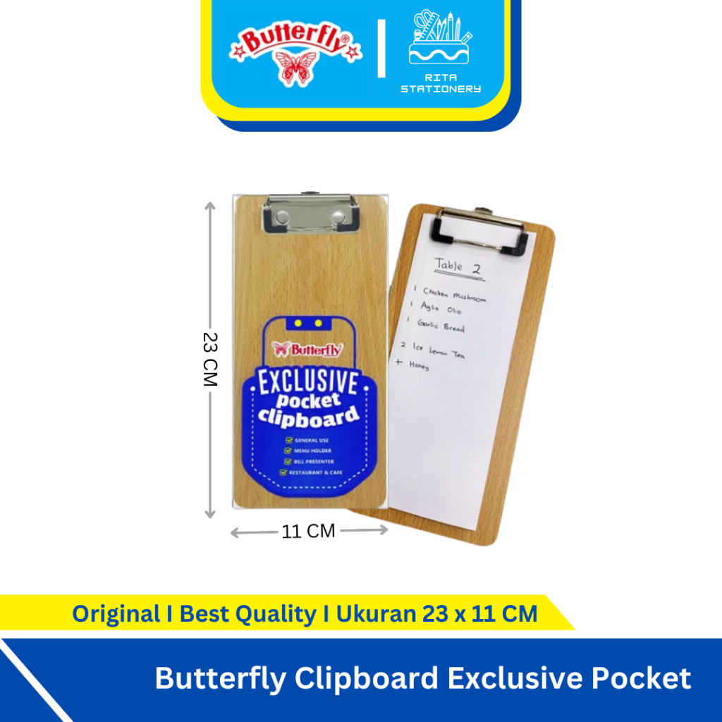 

Papan Kayu Clipboard Butterfly Pocket / Menu / Bill / Clip Board