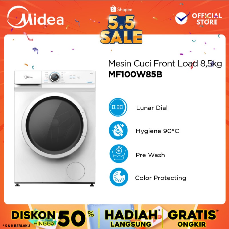 Midea Mesin Cuci Front Loading MF100W85B - Kapasitas 8,5 kg