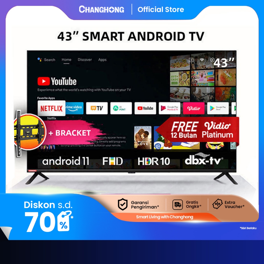Changhong 43 Inch Newest Android 11 Frameless Smart TV Google certified  Digital TV FHD LED TV-L43G7