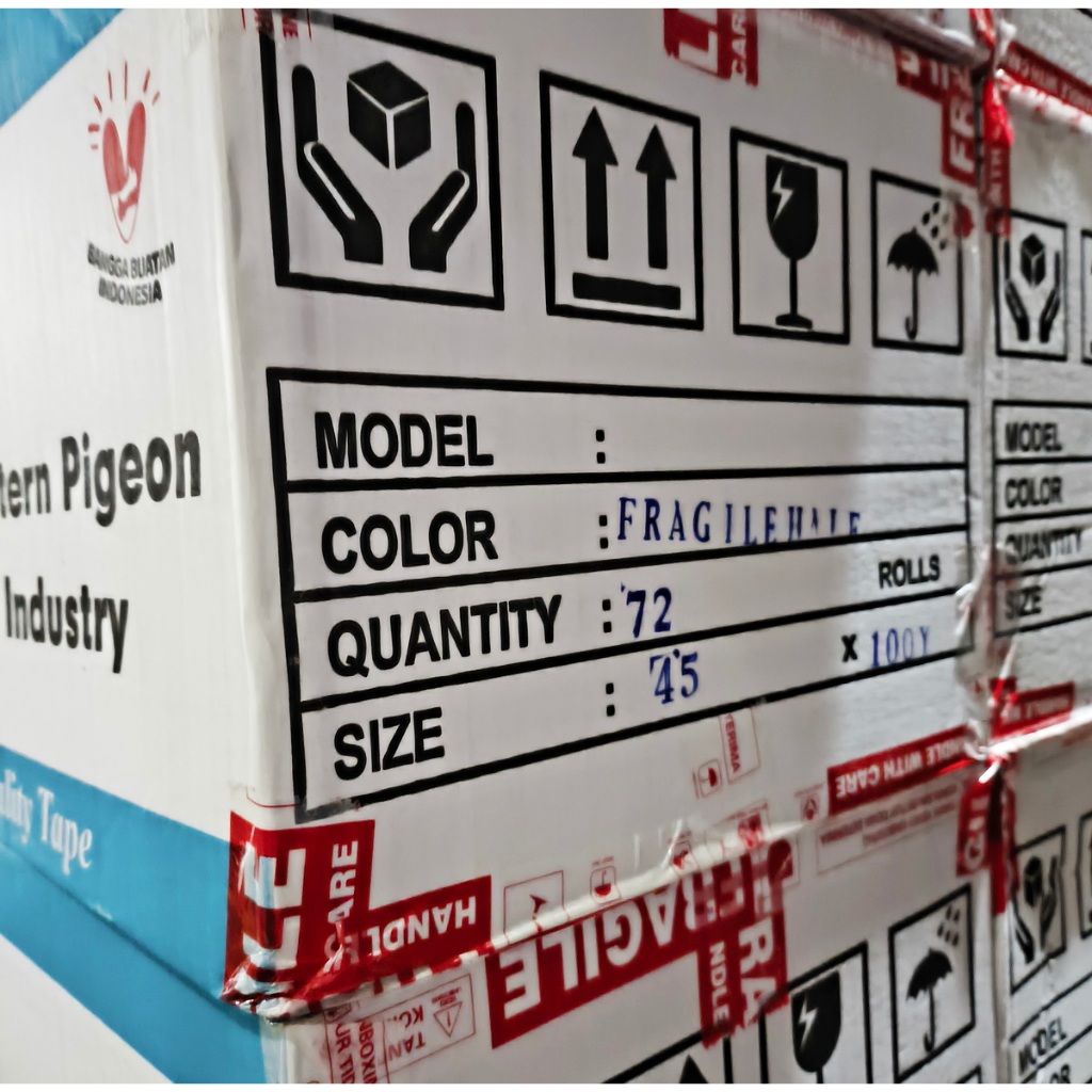 

Lakban Fragile 1 Dus 45mmx100yard 2 Inch Merah Putih Selotip Opp Packing Clear Tape 1 kardus Isi 72 roll