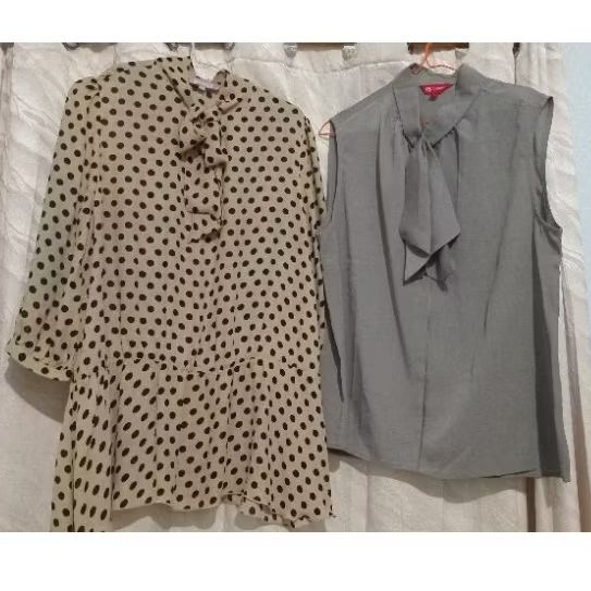 Atasan wanita kemeja inner polkadot aksen pita leher
