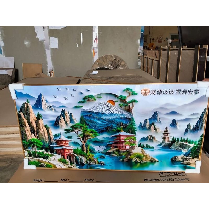 Lukisan Porcelain 5D Pemandangan Alam Gunung & Pagoda Jepang | Custom Ukuran