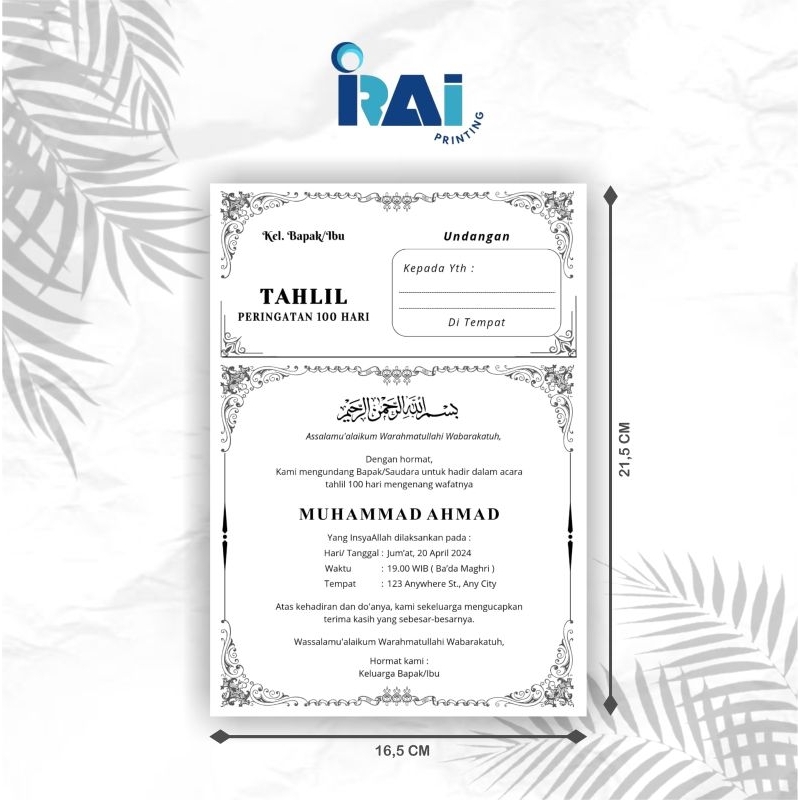 

Undangan Kenduri, Undangan Tahlil, Undangan Tahlilan, Undangan 40,100,1000 hari peringatan wafat