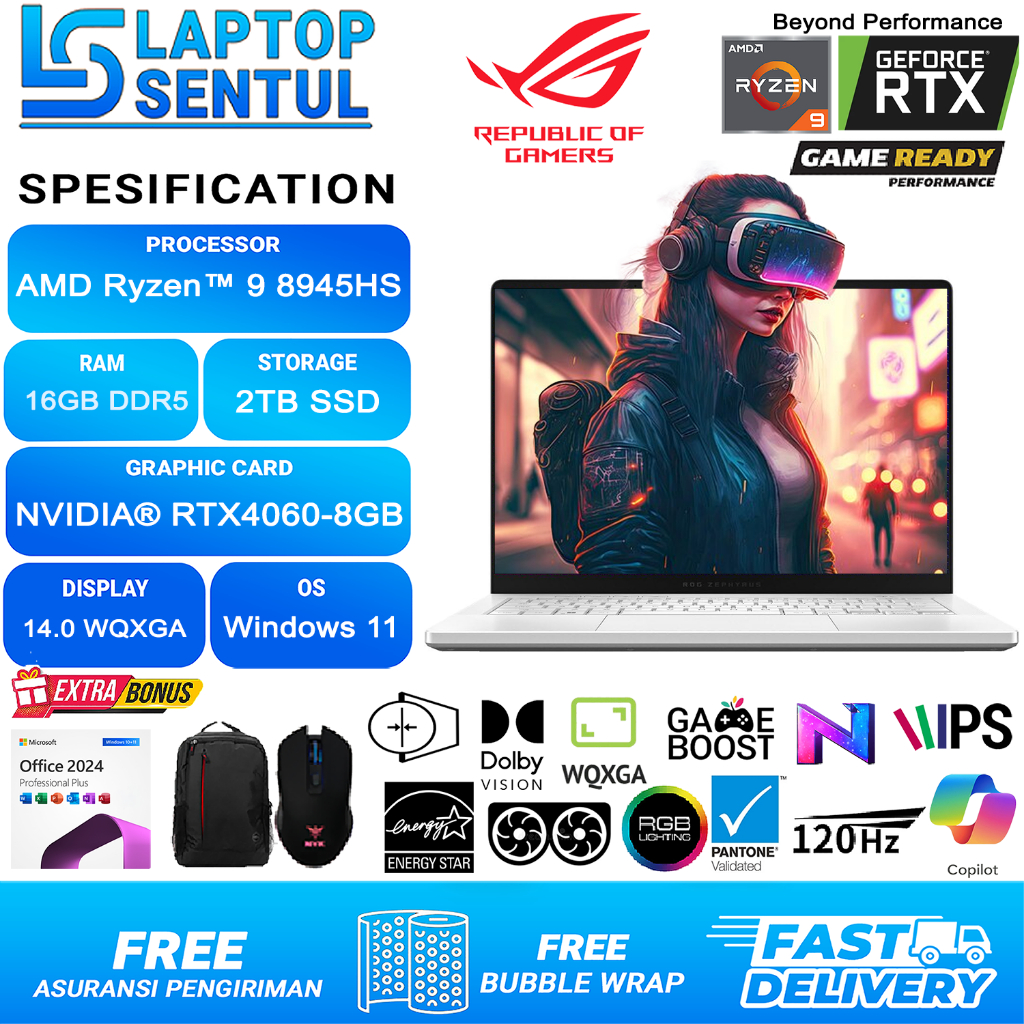 Asus ROG Zephyrus G14 GA403UV AMD Ryzen 9 8945HS Nvidia RTX4060-8GB Ram 16GB 2TB SSD WQXGA 120Hz Whi