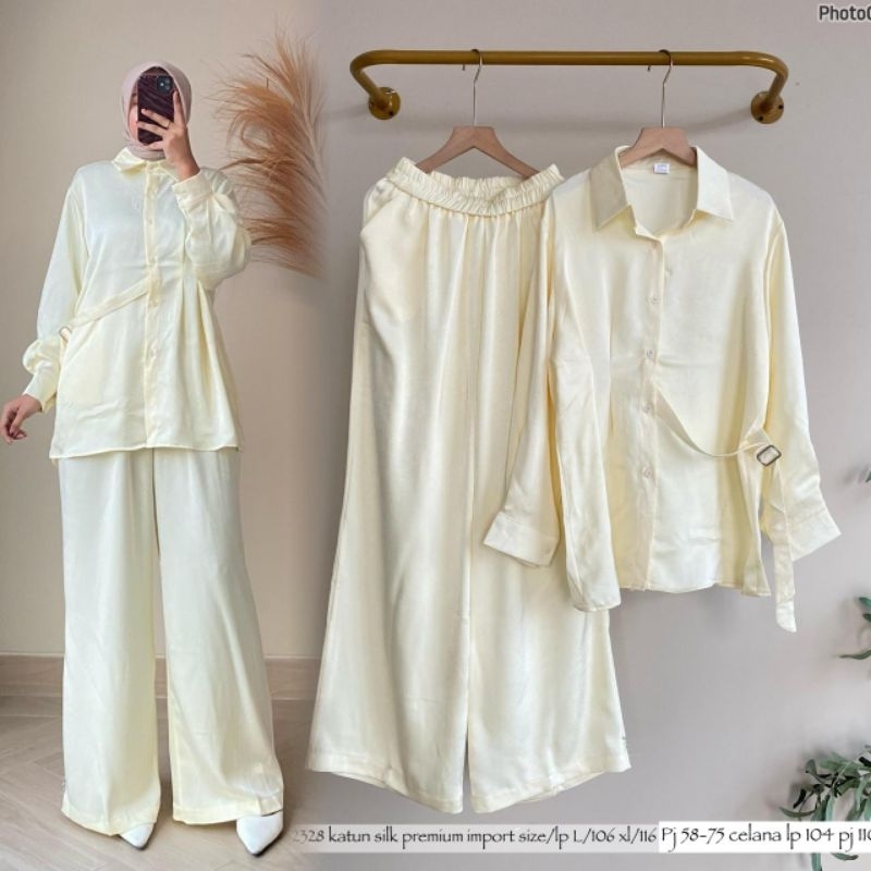 - Lucky Lacky Boutique - One Set 2in1 Set Katun Silk Premium Setelan Celana Panjang Polos Wanita Luc