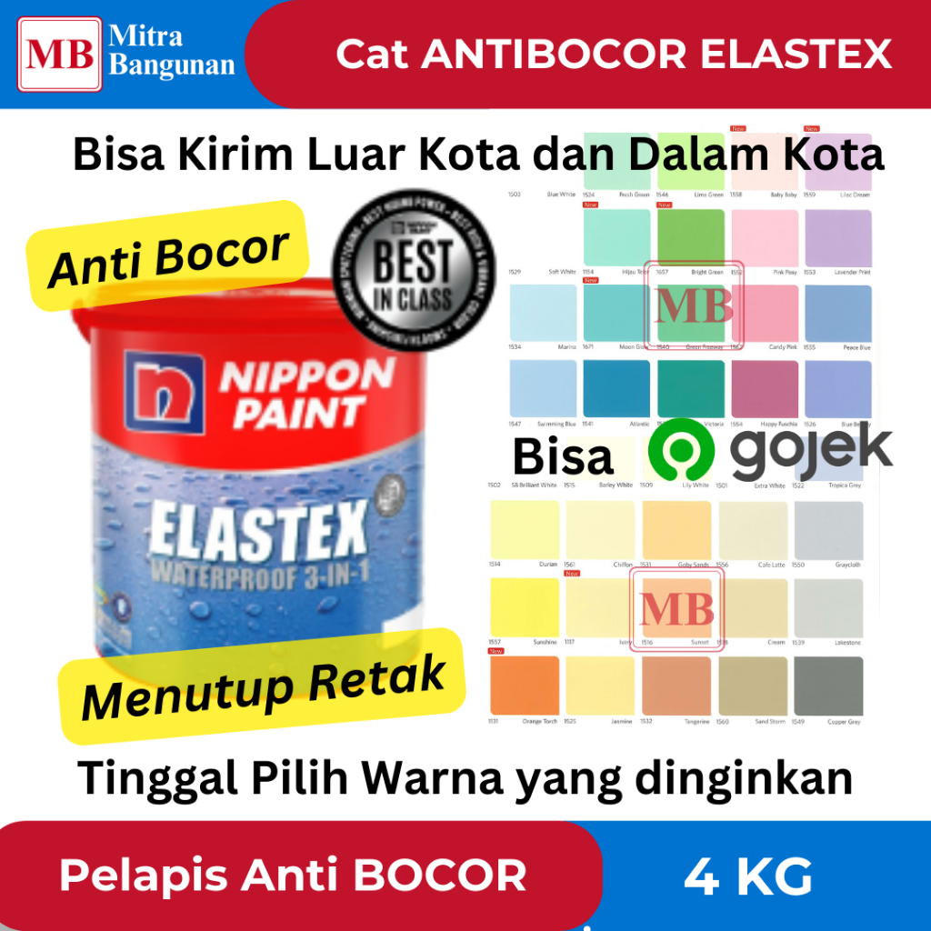 NIPPON PAINT ELASTEX CAT PELAPIS ANTI BOCOR 4 KG CUSTOM WARNA PUTIH,BIRU,HIJAU,COKLAT,ABU,KREM,DLL