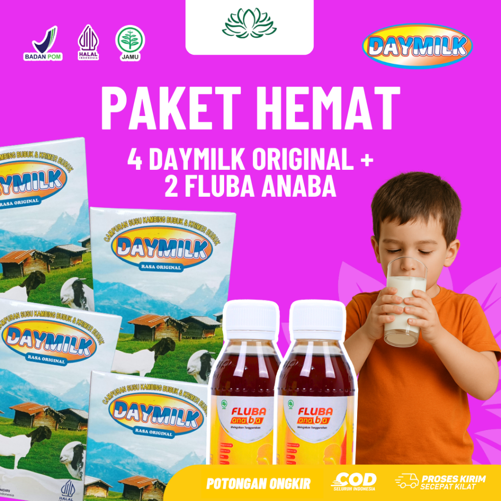 

BUNDLING HEMAT | 4 BOX DAYMILK ORI + 2 BOTOL MADU FLUBA ANABA 130ml ATASI RADANG TENGGOROKAN | HALAL BPOM