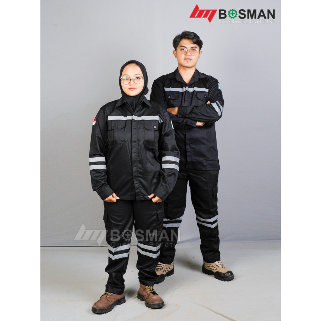 Bosman Setelan Wearpack Pria / Wanita Set Wearpack Safety Hitam Polos Lengan Panjang Kancing