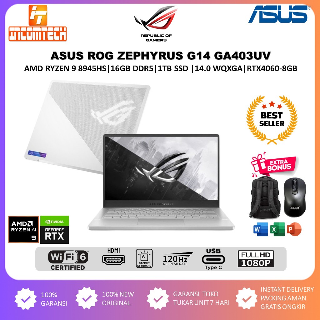 Laptop Gaming Asus Rog Zephyrus G14 GA403UV Amd Ryzen 9 8945HS RTX4060-8GB 16GB DDR5 1TB SSD 14.0 WQ
