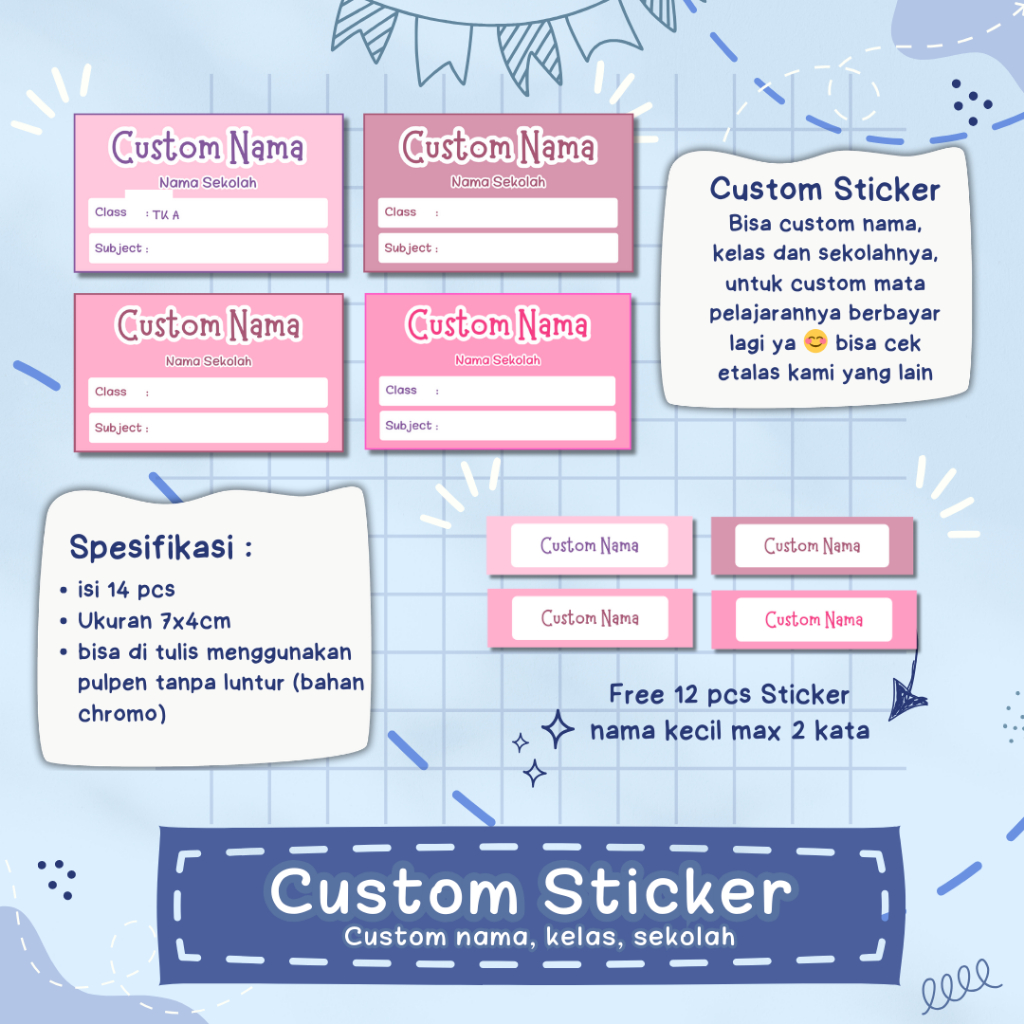 14pcs Custom Sticker Nama Buku Label Mata Pelajaran Sekolah Anak Azura Kids Edisi Polos