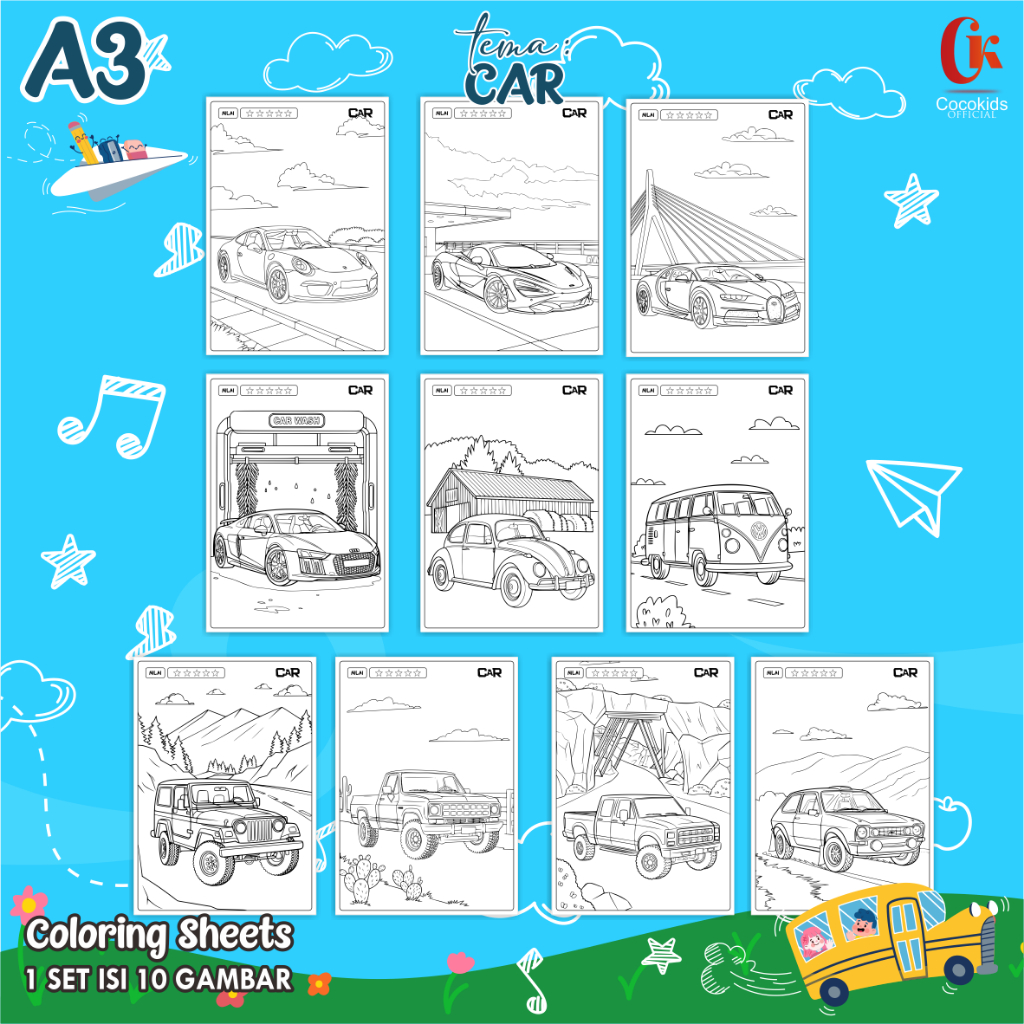 

(CAR 01) KERTAS MEWARNAI ANAK A3 - COLORING SHEETS SERIES 1 - LEMBAR MEWARNAI ANAK PAUD/TK/SD