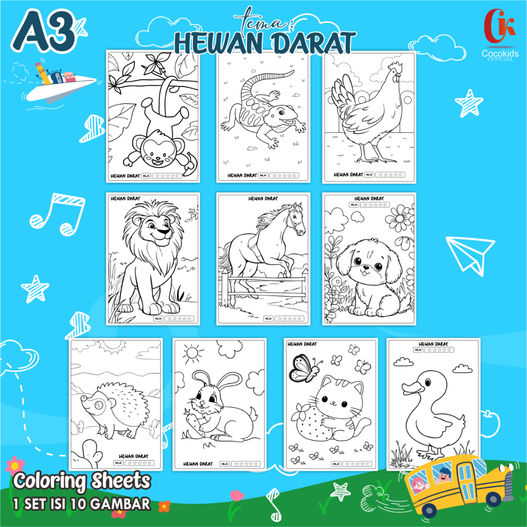 

(HEWAN DARAT 01) KERTAS MEWARNAI ANAK A3 - COLORING SHEETS SERIES 1 - LEMBAR MEWARNAI ANAK PAUD/TK/SD