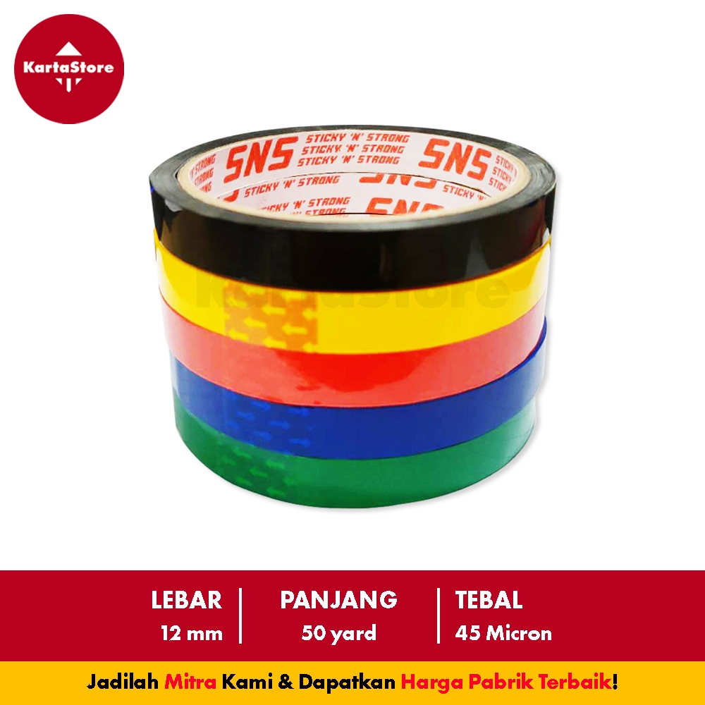 

ISOLASI WARNA WARNI 12mm / LAKBAN OPP TAPE 12 mm SNS Sticky N Strong