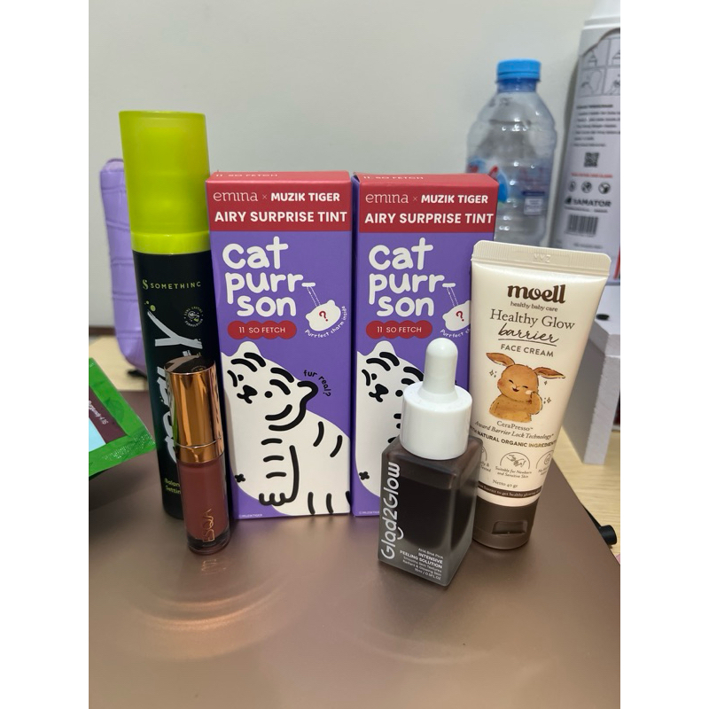 Setting spray SOMETHINC SRSLY, ESQA LIP GLOSS SHADE MAUVE MOOD 2ml, MOEL HEALTHY GLOW BARRIER FACE C