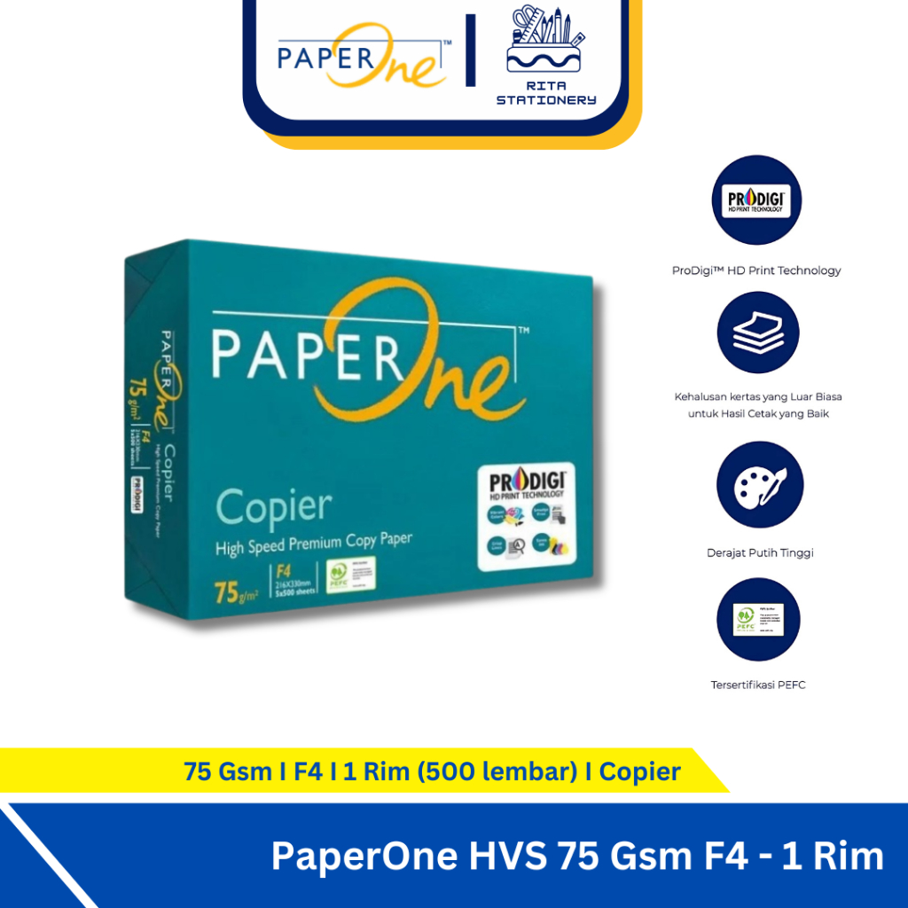 

PaperOne HVS ukutan Folio / F4 75 Gsm - 1 Rim isi 500 Lembar