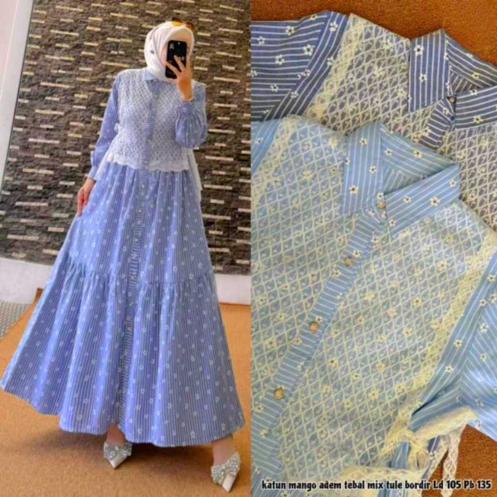 GAMIS RETINA BUNGA SALUR KATUN KOMBINASI BRUKAT PREMIUM