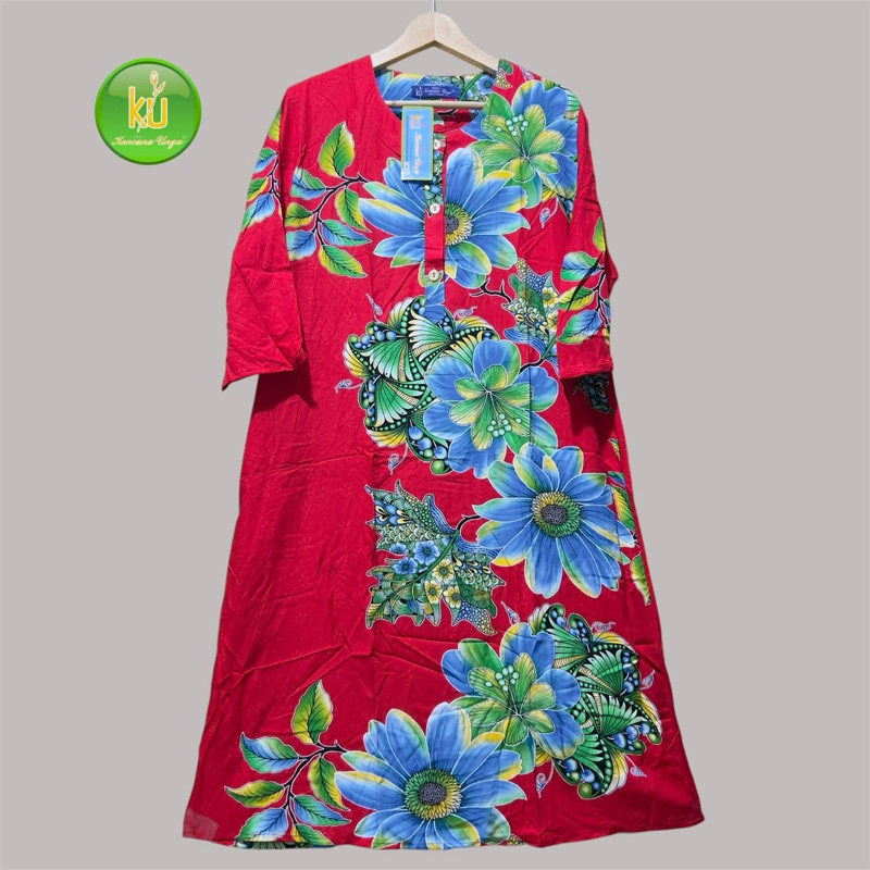 Kencana Ungu Dress Lengan 3/4 Motif Bunga Terbaru Ds19 Label Biru Jumbo Ld 118 cm Pakaian Santai Baj