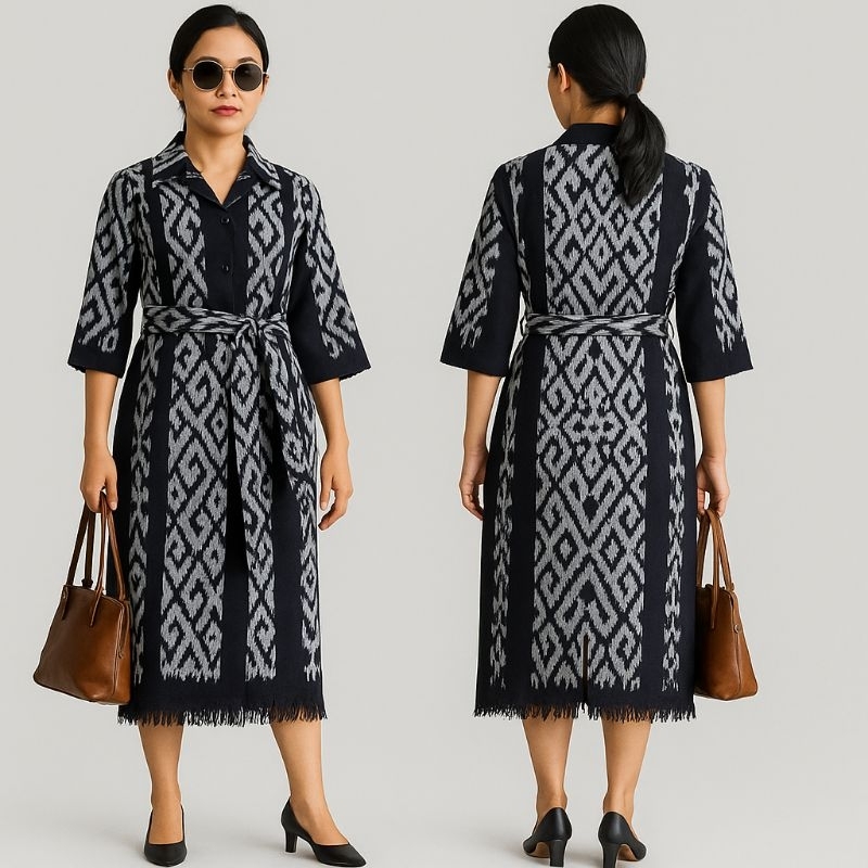 Dress Tenun Jepara NTT Wanita Lengan 3/4 Modern Elegan - Gaun Etnik Nusantara Bahan Tenun Asli, Baju