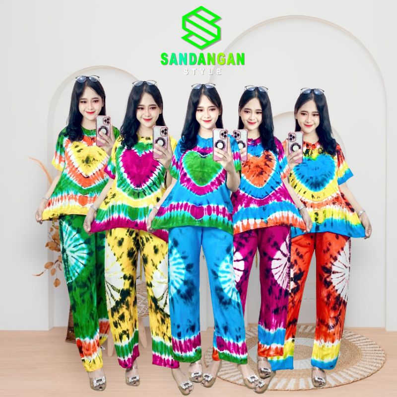 Setelan Baju Dewasa Bahan Rayon Motif Pelangi Setelan Wanita Baju Santai