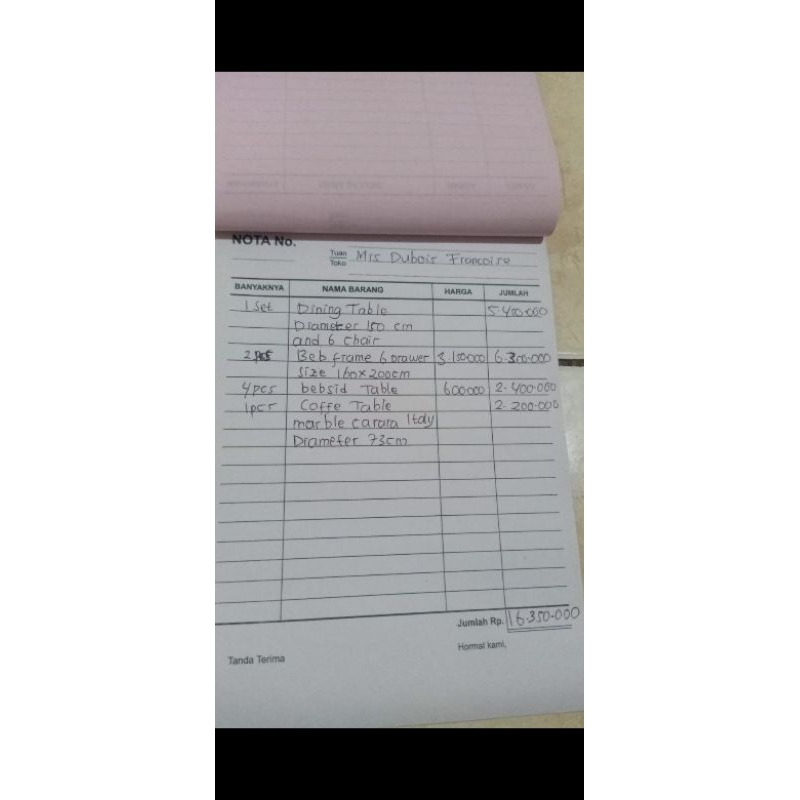 Pembalian pemesanan Mrs Dubois Francoise