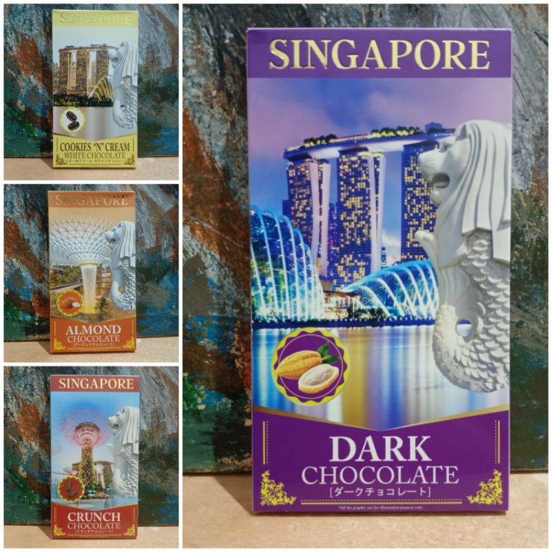 

QfChoco 140gr Bar Singapore Merlion Marina Bay Tree Tower Almond Milk Crunchy Cookies and Cream Dark White Chocolate