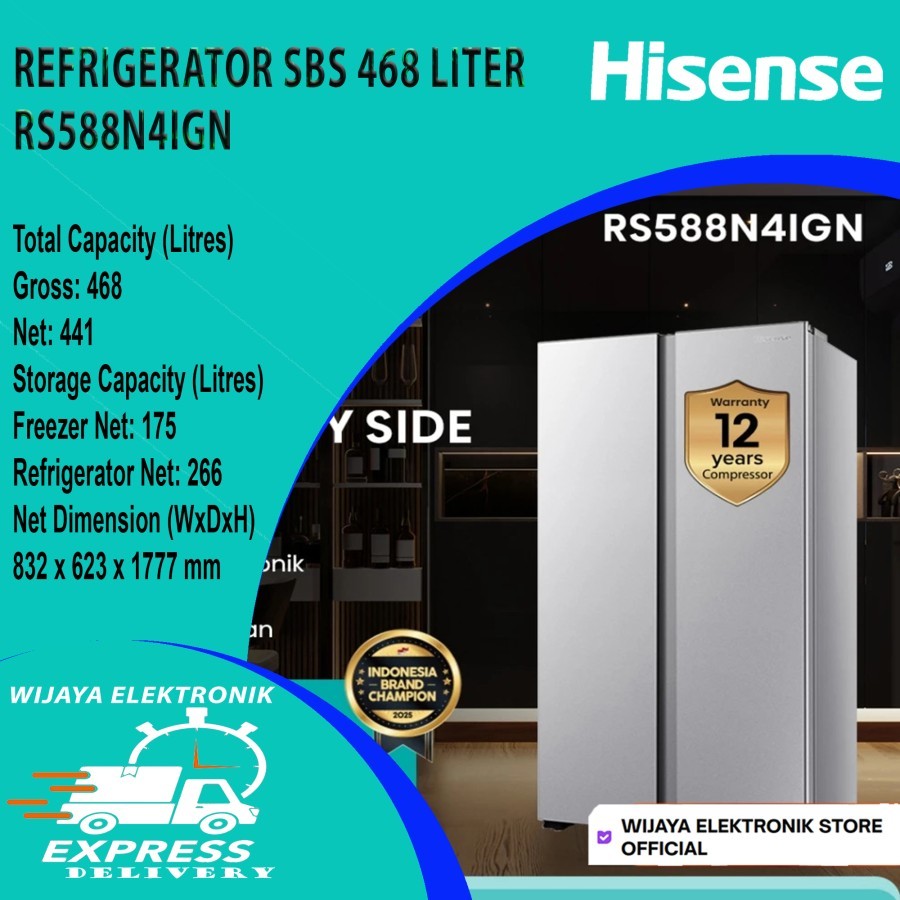 Hisense RS588N4IGN - Kulkas Side by side 468 Liter Hisense Garansi Resmi / Kulkas 2 Pintu Hisense