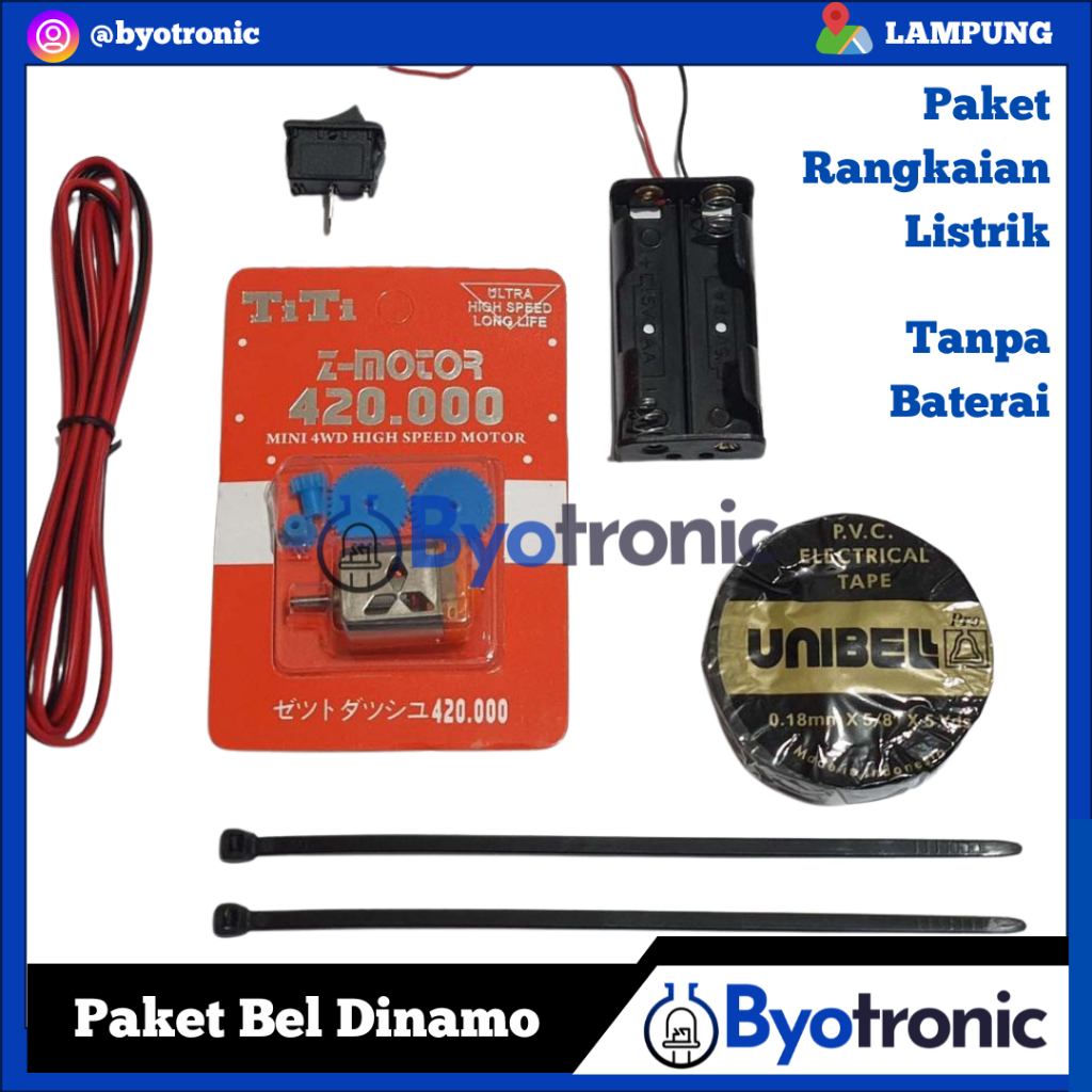 Paket Rangkaian Listrik Bel Dinamo Byotronic | Motor Mini 420.000 RPM + Konektor Tanpa Baterai