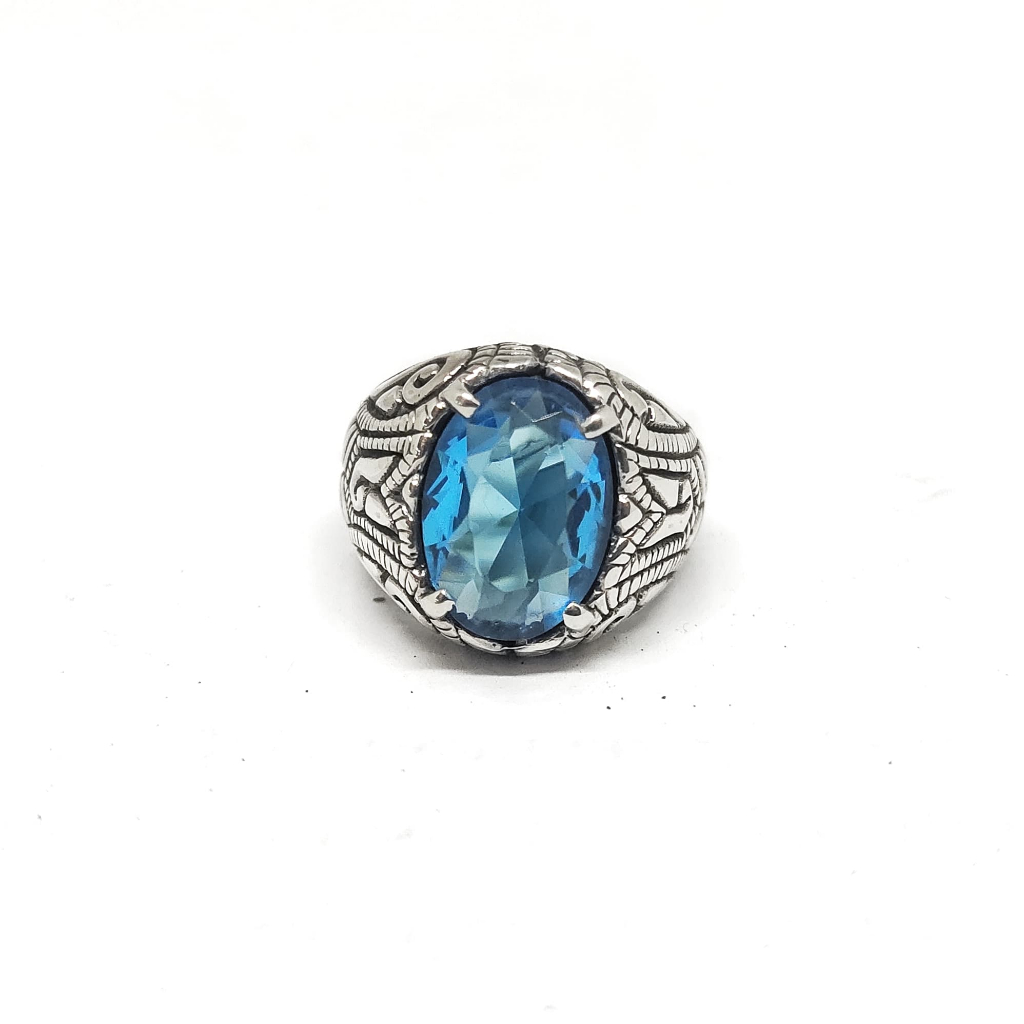 Cincin Perak Bali 925 Ring Motif Bunga Abstrak Batu Permata Blue Topaz  Pria Wanita Costum Elegant
