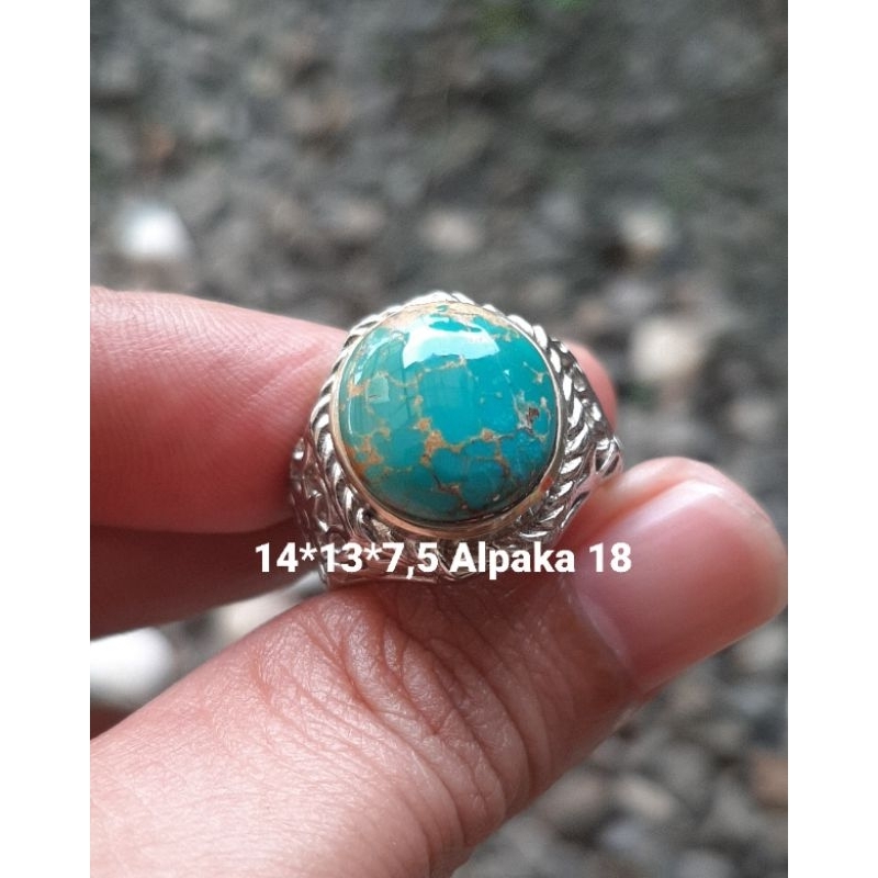 Natural Cincin Batu Pirus Persia Hijau Tosca Serat Emas Dim Kantoran Istimewa
