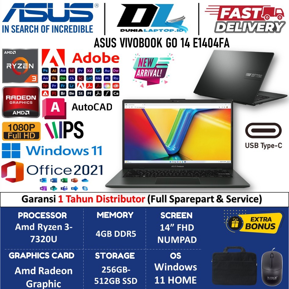 Laptop Slim Asus  Vivobook Go 14 E1404FA AMD Ryzen 5 7520U Ram 16GB DDR5 1TB SSD FHD Win11