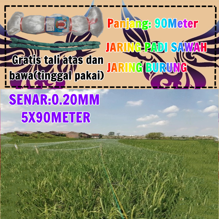 Jaring Padi Sawah Senar 0.20 / Jaring Penutup Sawah / Jaring Burung Pipit Dan Emprit 5X90Meter
