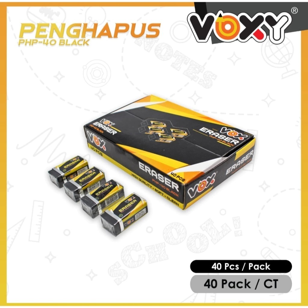 

( 1 Pack 40 Pcs ) Penghapus Karet Pensil Kecil VOXY PHP 40 Hitam Putih Warna / Penghapus Murah