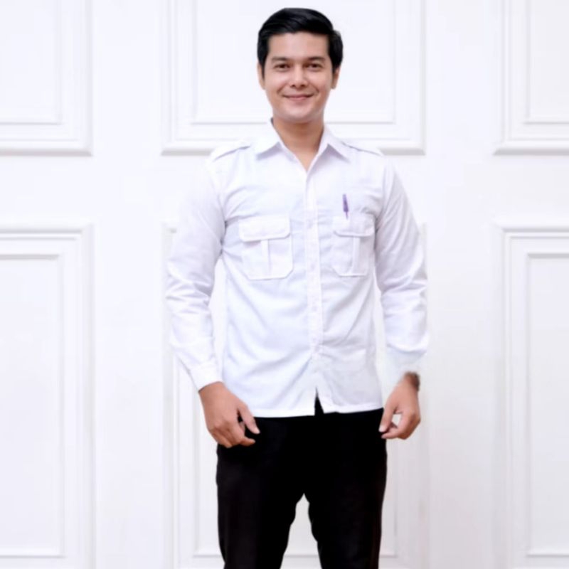 Baju Atasan Kemeja Putih PDH PDL ASN PNS Lapangan Outdor Kantong Dua Pria Cowok Lengan Panjang Kamej