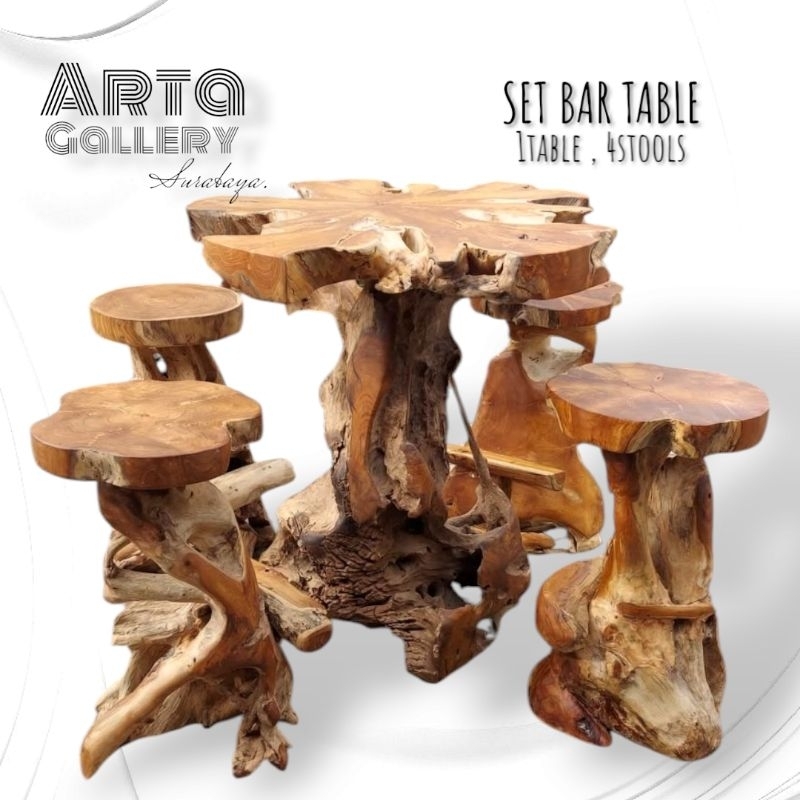 SET BAR TABLE BESAR , MEJA DAN KURSI BAR BENTUK NATURAL , MEJA RESTORAN, MEJA CAFE, MEJA RUMAH MAKAN