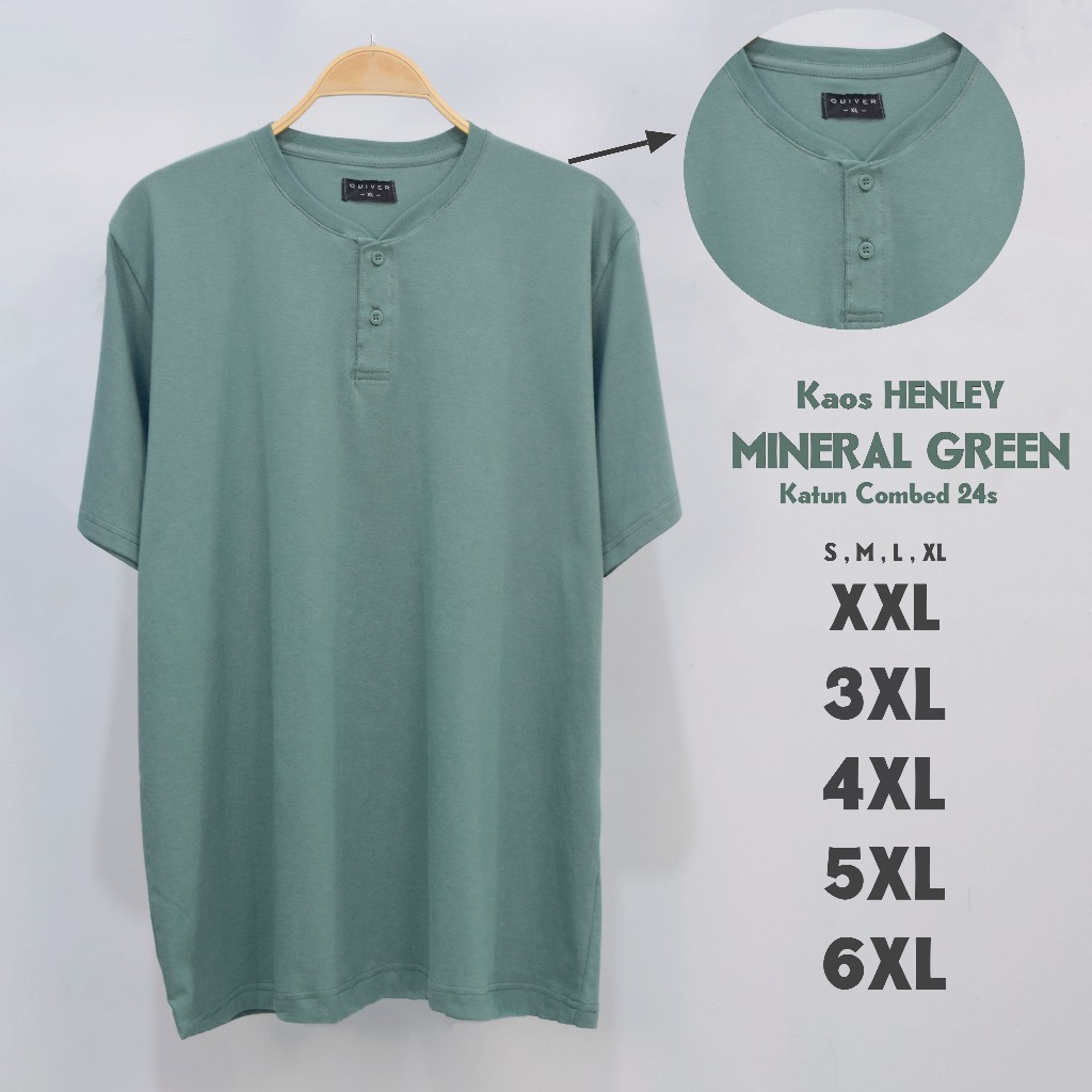 Kaos Polos Henley Kancing Jumbo Pria Mineral Green 24s Big Size S M L XL XXL 3XL 4XL 5XL 6XL
