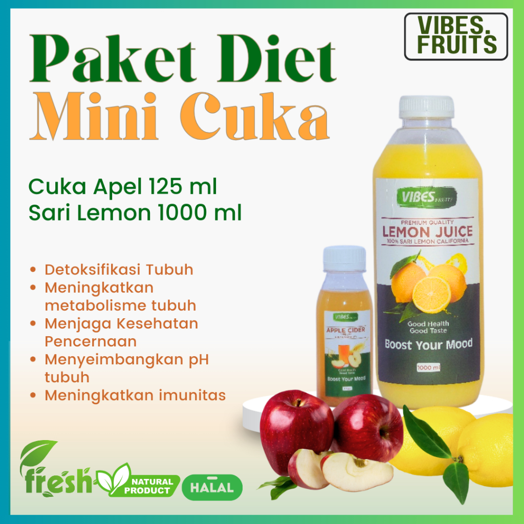 

Paket Diet Mini Sari Lemon 1 Liter Cuka Apel 125ml / Paket Hemat Mini Sari Lemon Cuka Apel Premium