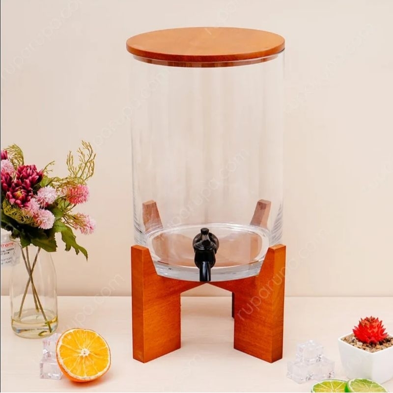 Dispenser Minuman Kaca Tebal 5.7 Liter Stand Kaki Kayu / Beverage Dispenser