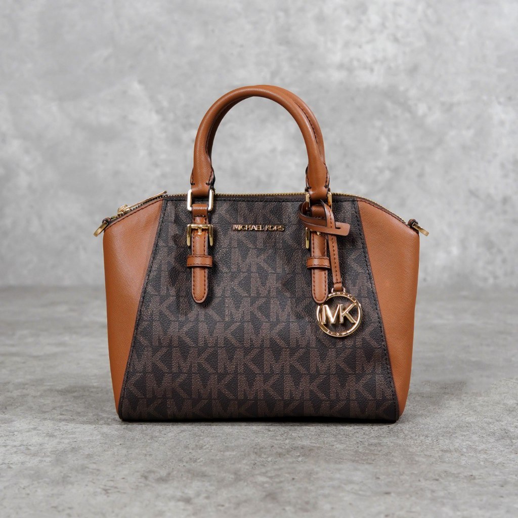 Tas MK CIARA BIG MK MONOGRAM DARK BROWN CAMEL SATCHEL BAG 100% ORIGINAL