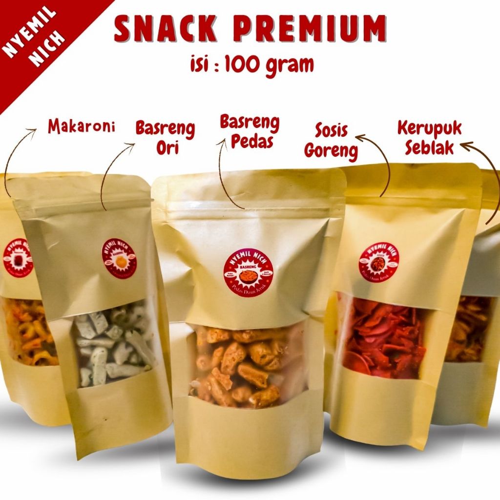 

Nyemil Nich - Snack Ringan Premium 100gram / Basreng Makaroni Sosis Kerupuk Seblak Pedas Daun Jeruk