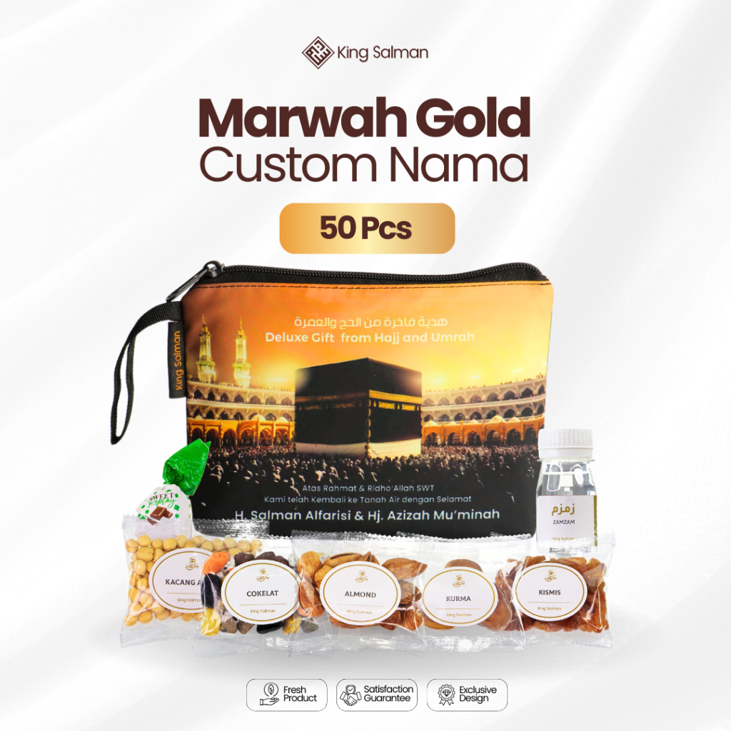 

Oleh Oleh Umroh & Haji Premium - King Salman Gift | MARWAH GOLD Paket 50 PCS Custom Pouch Exclusive