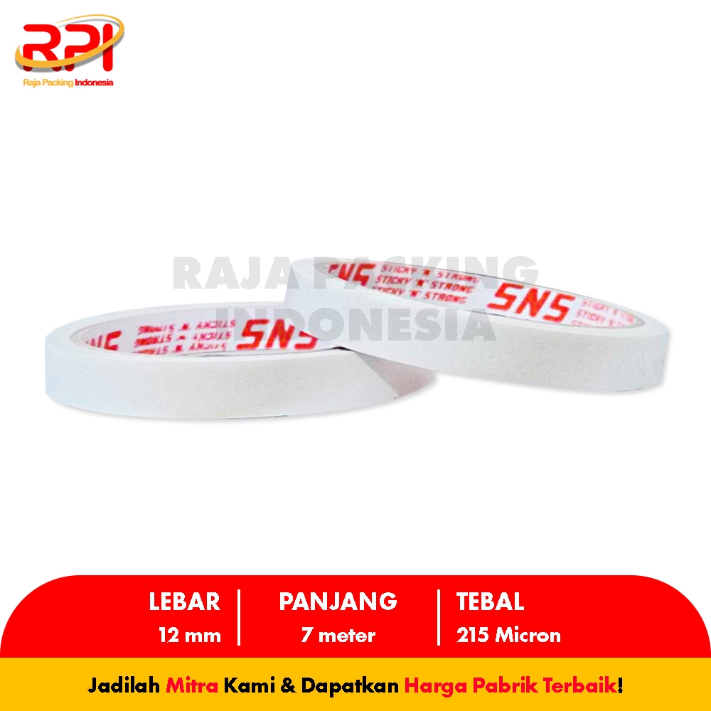 

Double Tape 12 Mm x 7 Meter x 215 Mic Sticky N Strong (SNS) RAJA PACKING INDONESIA