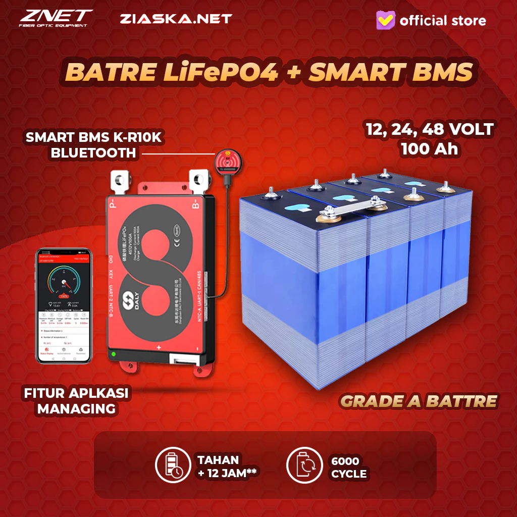 Bat re Lifepo4 12V 24V 48V 100Ah dengan DALY BMS SMART 4S 8S 16S Bluetooth   BATRE GRADE A 6000CYCLE