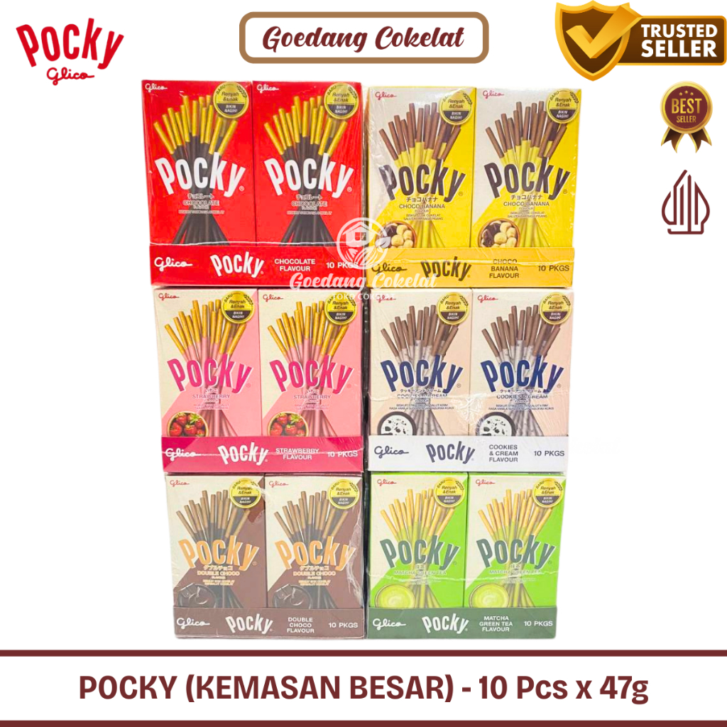 Glico POCKY Snack Impor Halal / Biskuit Bersalut Coklat Rasa Kemasan Besar 1 Pack Isi 10 Pcs x 47gr