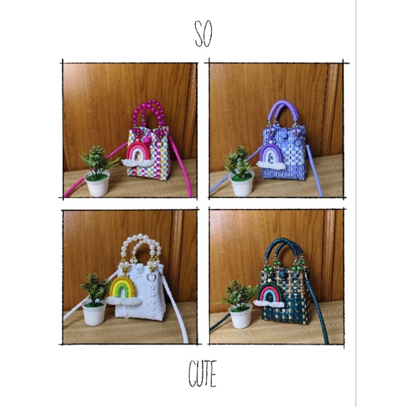 (Free Rainbow) Tas selempang wanita tas anyaman handle mutiara mini sultan selempang motif