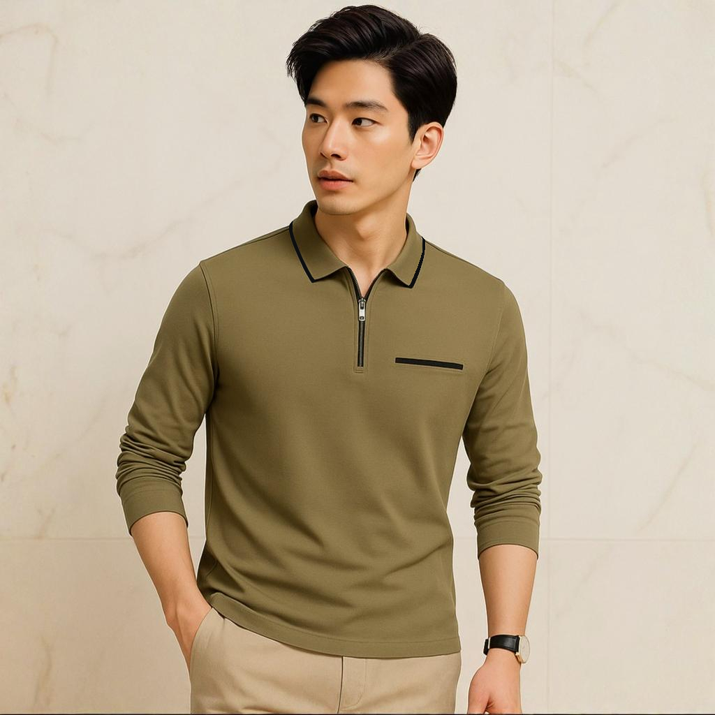 Kaos Polo Pria Saku Lengan Panjang Zipper Premium Polo Shirt Variasi Kerah Garis Bersaku Resleting